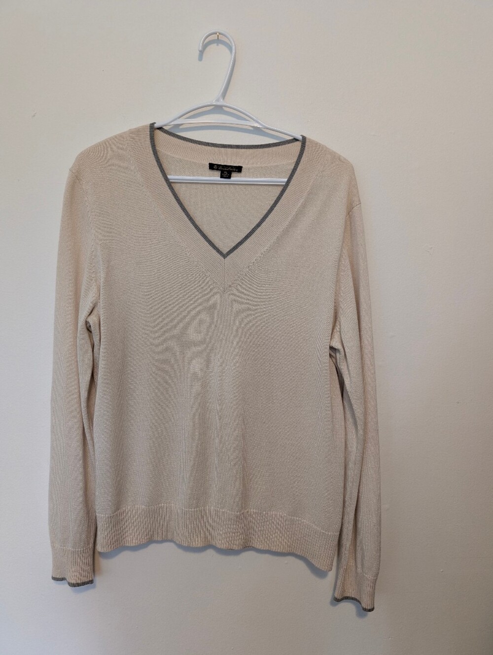 Brooks Brothers Silk Cashmere V-Neck Sweater Cream Grey Trim preppy golf XL